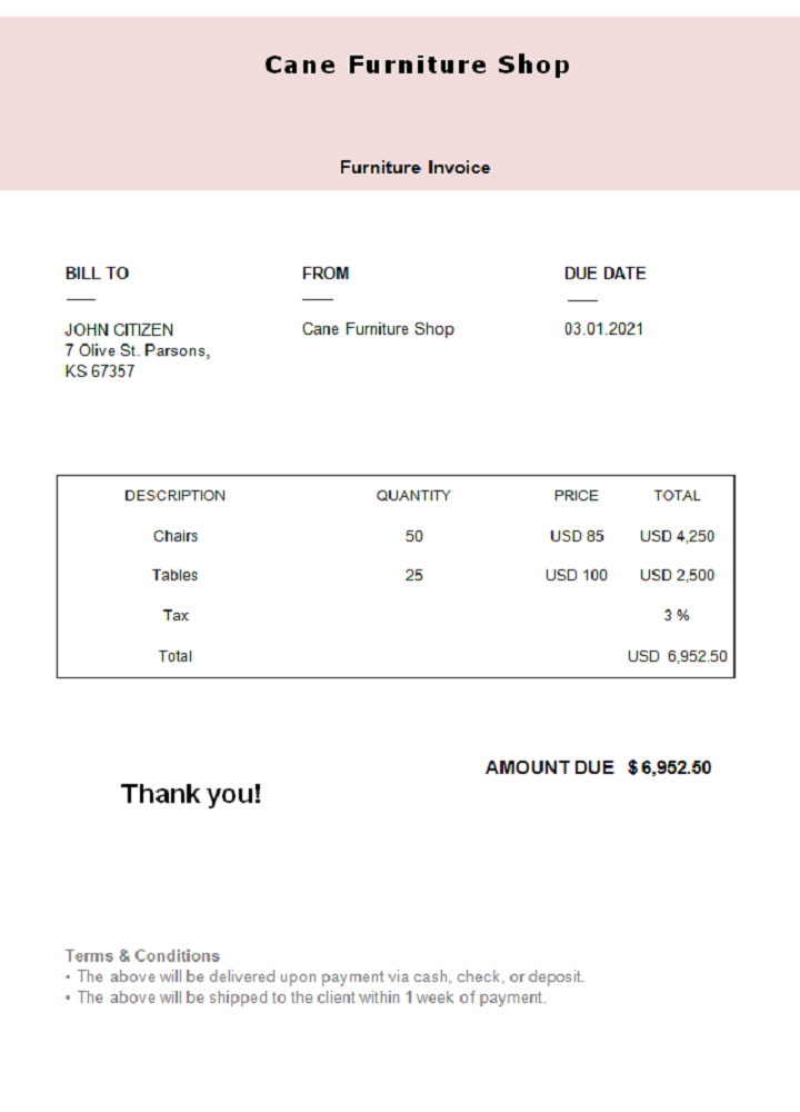 USA Cane Furniture Shop invoice PSD template